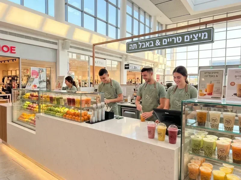 עובדים בבר מיצים מודרני בקניון